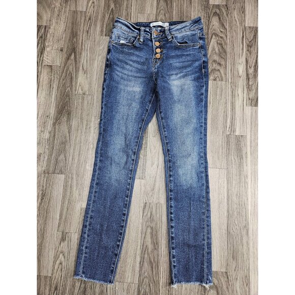 (3/$35) Altar'd State Jeans Womens 24 Blue High Rise Button Fly Distressed - Picture 1 of 13